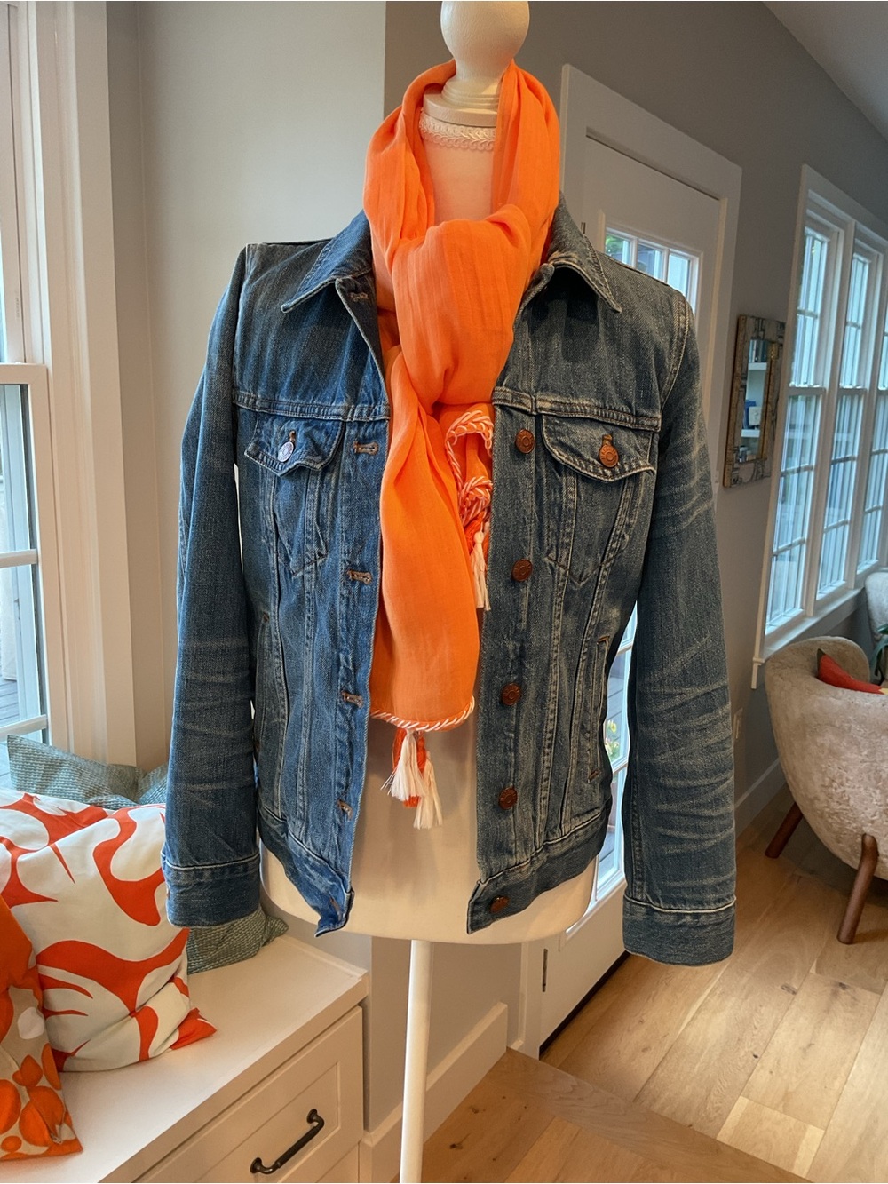 Madewell Light Blue Denim Jacket with Contrast Stitching and copper buttons